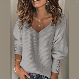 Pulls pour femmes hiver chaud femmes pull col en v solide boutons manches tricoté pull dames décontracté pull ample hauts 2022 Sueter Mujer
