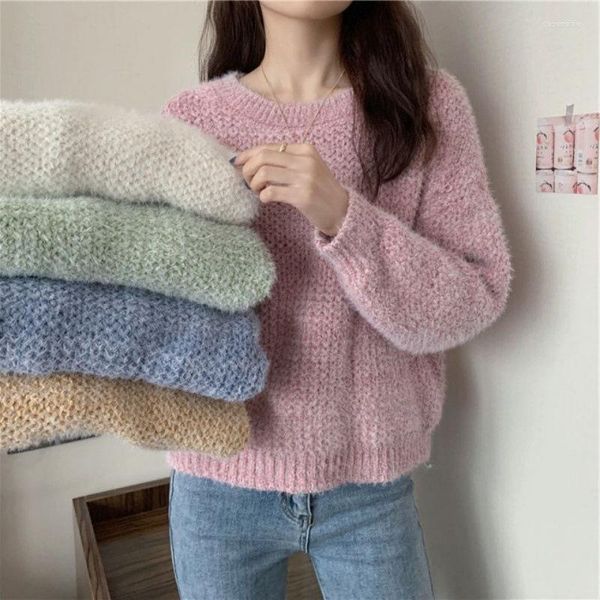 Suéteres de mujer Invierno Mujeres Cálido Suave Suelto Manga larga Prendas de punto Mujer Cashmere Punto Jerseys Color Sólido O-Cuello Tops básicos