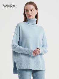 Damestruien Wixra vrouwen Turtleneck trui lange mouw herfst winterveer hoge kollar pullover femme femme solide losse jumper breien kleding 230306