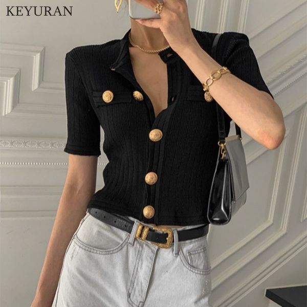 Suéteres para mujer Mujer Chic Cardigan Verano Temperamento elegante O-cuello Botón grande Diseño Slim Sólido Versátil Mujer Top de punto corto 230904