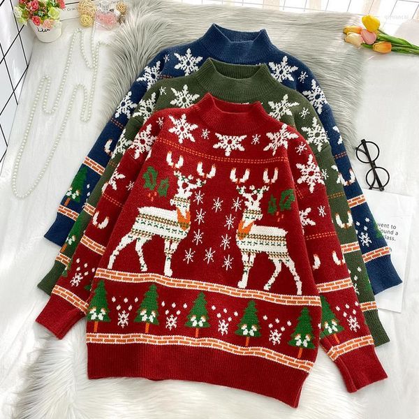 Suéteres para mujer Mujer Elk Otoño Invierno Suéter de punto de Navidad de gran tamaño Mujeres 2023 Rojo Verde Tops sueltos Femme Chandails Pull Hiver