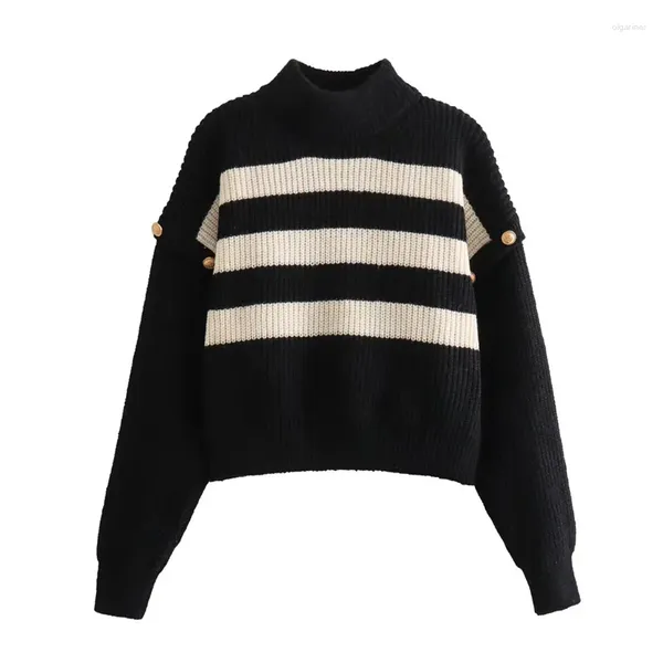 Pulls pour femmes Femme Mode Noir Blanc Pull rayé 2024 Élégant Bouton Col Bouton Patchwork Tricot Filles High Street Tops tricotés