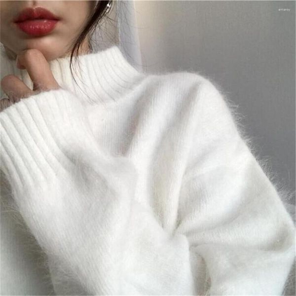 Pulls pour femmes femme Mohair vêtements d'extérieur blanc pull à col haut automne et hiver pull laine haut en cachemire ample