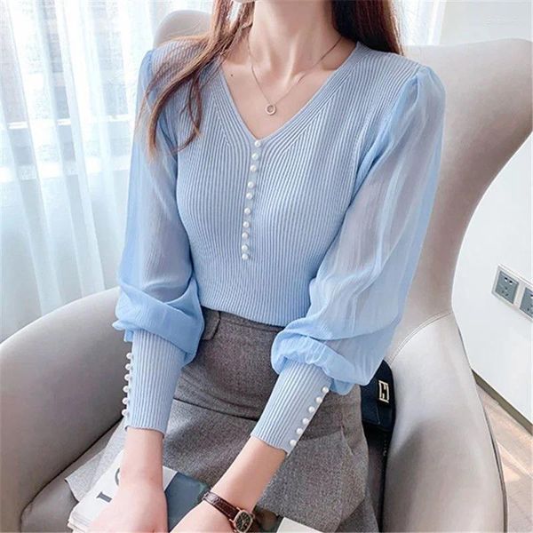 Pulls pour femmes Femme V-Col Dentelle Chemise Femme Femme T-shirt en soie de glace à manches longues All-Match Summer Dames Mince Pull tricoté Top G52