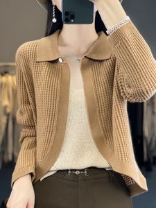 Suéteres para mujer Mujeres 100% Merino Lana Cardigan Suéter Otoño Polo Collar Hollow Out Cashmere Punto Abrigo Moda coreana Ropa femenina Top 230831