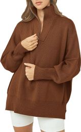 Suéteres de mujer Otoño Jersey Suéteres de gran tamaño Casual Manga larga con cremallera Solapa Cuello en V Tops de punto de invierno
