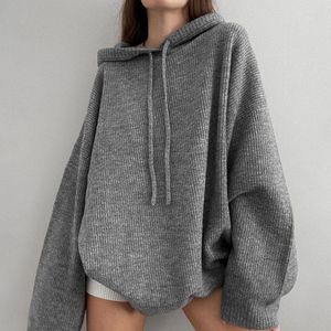 Pulls pour femmes Pull tricoté pour femme Pull à capuche surdimensionné à lacets à manches longues gris pull 2022 mode coréenne décontractée lâche femme