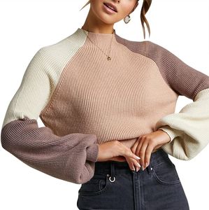 Damessweaters Damessweater met opstaande hals en kleurblokken Gebreide trui Trui Tops Casual cropped trui met lantaarnmouwen