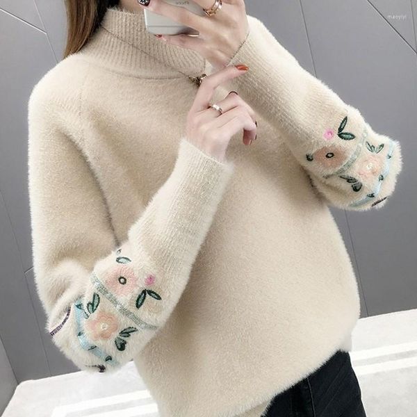 Suéteres de mujer Otoño Invierno imitación visón terciopelo suéter bordado medio cuello alto señoras punto Jumper Chompas Para