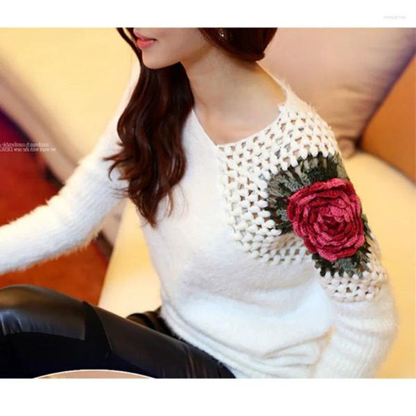 Pulls pour femmes Femmes Automne Hiver Pulls tricotés Roses Crochet Fleurs Pull creux Tops Blouse