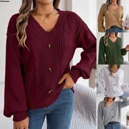 Suéter feminino outono inverno manga comprida decote em v suéter botão para baixo solto cabo malha cor sólida com nervuras de malha tops