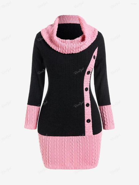 Pulls pour femmes Femmes Automne Hiver Pull Col Bénitier Câble Tricot Boutons Deux Tons Pull Jumper Longue Tunique Top Wrap Fesses