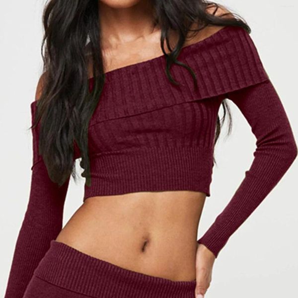 Suéteres para mujer Mujeres Básicas Ajustadas Manga larga Off Hombro Crop Tee Top con orificio para el pulgar Rib Knit Sweat Shirts para hombre para mujer Cómodo