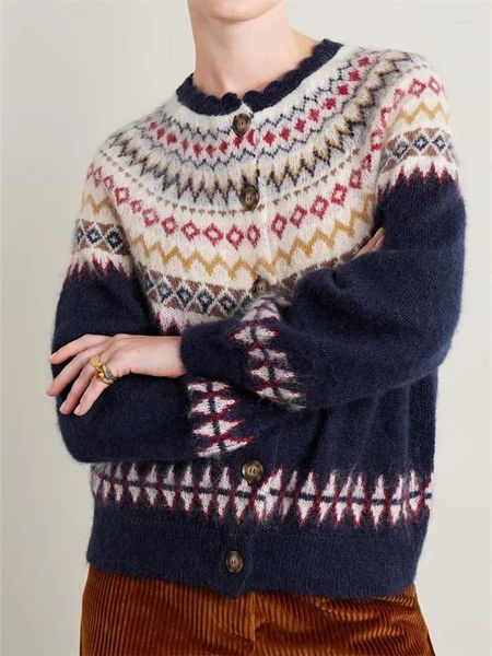 Pulls pour femmes Femmes Cardigan Contraste Crochet Jacquard Automne Hiver Rétro O-Cou Pull Simple Boutonnage
