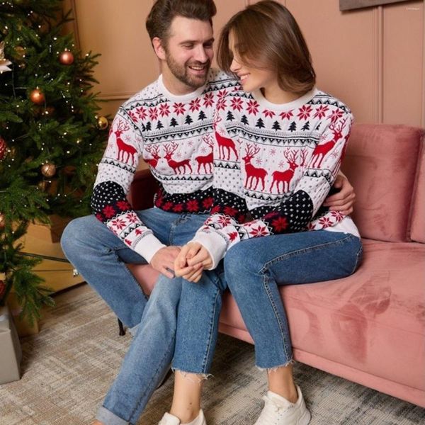 Suéteres para mujer Mujeres Navidad Pareja Fahion Copo de nieve Elk Impresión Suelta Cómoda Jersey Manga larga Cuello redondo Años Suéter Invierno