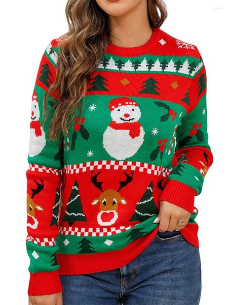 Suéteres para mujer Mujeres Navidad Punto Suéter Contraste Color Dibujos animados Muñeco de nieve Elk Jacquard Manga larga Jerseys Primavera Otoño Cuello redondo