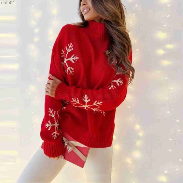 Suéteres para mujer Suéter rojo de Navidad con estampado de copo de nieve, jersey de punto suelto informal, suéteres de cuello alto de manga larga para Navidad Año Nuevo L231024