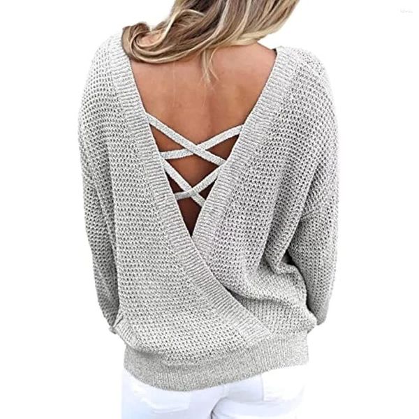 Suéteres para mujer Mujeres Criss Cross V Back Otoño Moda Manga larga Cuello redondo Punto Jersey Jumper Top Suéter de gran tamaño Sexy Club Party