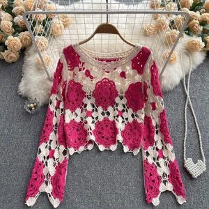 Pulls aux femmes Chantier Crochet Tricot Hollow Out Crop Top Long Fared Sleve Shrug Shruater Mesh Cover Ups Streetwear Pullover Floral Tops