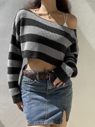 Women's Sweaters Women Fall Cropped Sweater Knitted Stripe Off Shoulder Long Sleeve Loose Pullover Knitwear Streetwear For Ladies Y2K
