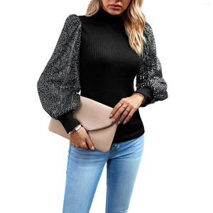 Pulls pour femmes Femmes Mode Tricot Pull Tops Dames Brillant Paillettes Longue Lanterne Manches T-shirt Col Roulé Tricots Automne Casual