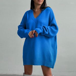 Dames truien vrouwen mode v-neck massieve kleur midden lengte trui herfst winter drop-shoulder mouw oversized jumper casual breier
