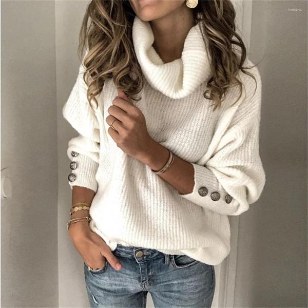 Suéteres de Mujer, suéteres de cuello alto a la moda para Mujer, suéter de punto holgado de manga larga con botones, Tops, jersey para Mujer