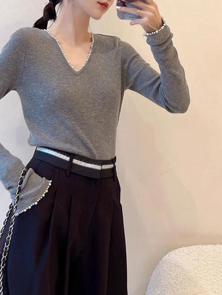 Pulls pour femmes Femmes Mode Laine Soie À La Main Perles À Manches Longues Slim Pull Élégant Dame Tout Match Col V Pull Jumper Tops