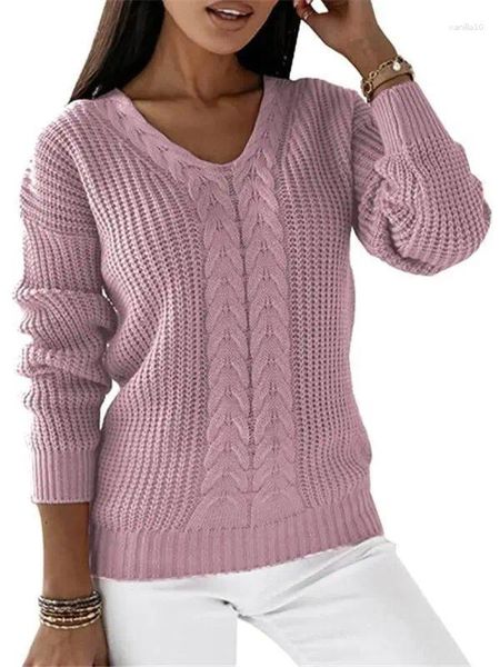 Suéteres para mujer Mujeres Frente Twist Manga larga V Cuello Punto Suéter Casual Sólido Rosa Rojo Verde Negro Blanco Azul Púrpura Slim Jersey Tops