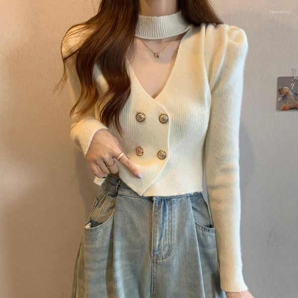 Suéteres para mujer Mujeres Halter V Cuello Corto Punto Cardigan 2023 Doble Pecho Slim Tops Francés Puff Manga Chica Suéter