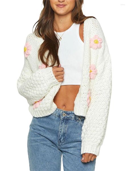 Suéteres de mujer Mujeres de punto casual lindo crochet flor abierto frente cardigans cálido otoño prendas de punto para streetwear
