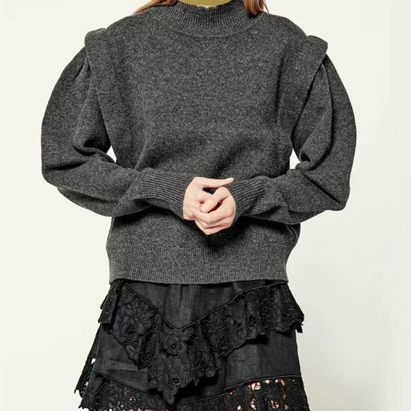 Pulls pour femmes femmes tricot gris foncé manches volantes mode mince laine mélanges 2023 automne femme col montant tricoté pulls haut