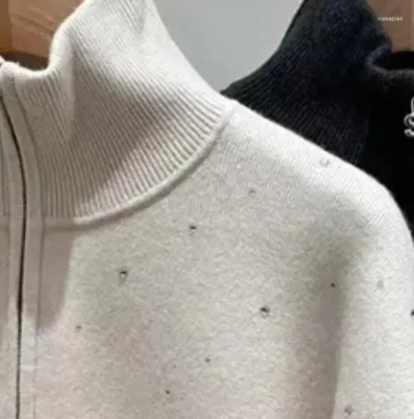 Suéteres para mujer Suéter de punto Beige Gris Decoración de diamantes de imitación Cuello alto Media cremallera Casual Manga larga Jersey 2023 Otoño