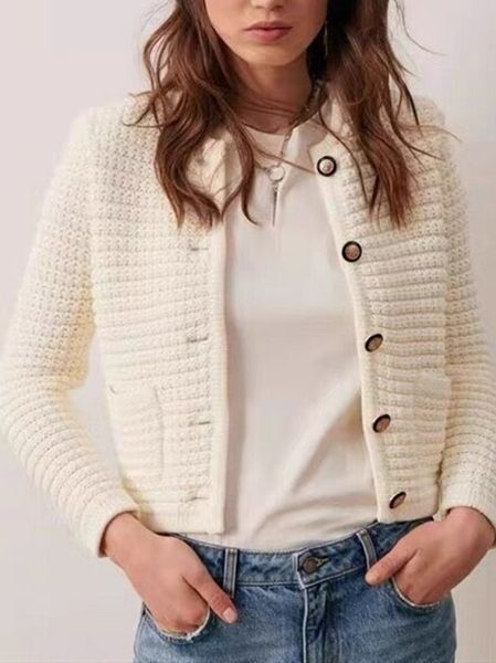 Chandails pour femmes Femmes Tricot Pull Cardigan Avec Poches Début Automne Dame À Manches Longues Élégant O Cou Rétro Court Tricots Top 230824