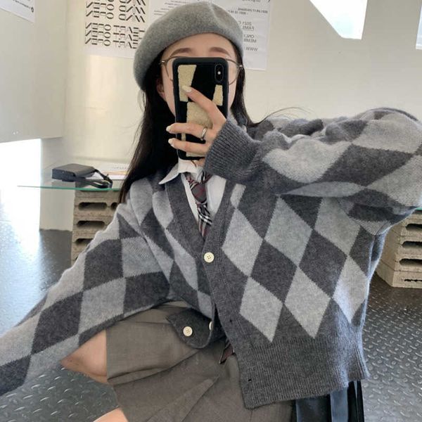 Suéteres de mujer Mujeres de punto Cardigans Suéter Moda Argyle Plaid Otoño Manga larga Abrigo Preppy Estilo V Cuello Femenino Vintage Chic Knit Jacket J220915