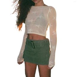 Pulls pour femmes femmes tricotés à manches longues hauts motif étoile pulls transparents ajustés chemise dos nu pour Streetwear Clubwear