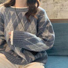 Dames truien vrouwen gebreide trui mode oversized pullovers winter argyle losse trui Koreaanse college stijl vrouwen jumper sueter mujer 220920