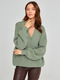 Pulls pour femmes femmes pull tricoté à manches longues col en V solide pull chaud épais pulls amples 2023 automne hiver hauts à la mode décontracté