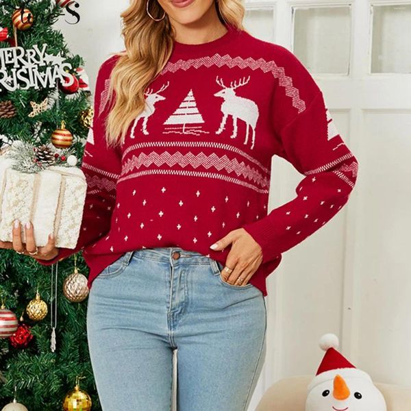 Suéteres para mujer Suéter de punto para mujer Suéter de manga larga con patrón de alce de árbol Jerseys de ganchillo Estilo navideño Cuello redondo informal Traje diario