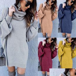 Suéteres para mujer Mujeres Vestido de punto Vestido de moda Suéter de invierno Cuello de tortuga suelto Punto de manga larga Color sólido Top Otoño Mujer Drop Dhajv