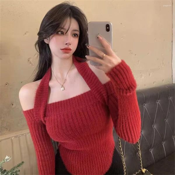Sweaters femeninos Halter coreano Corea Sexy Cropped High Street Stylish All-Match Solid Red Knitting Jumpers Off Shoulder
