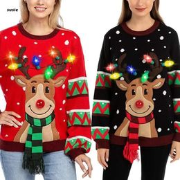 Damenpullover Damen-Pullover mit LED-Beleuchtung, Weihnachts-Cartoon-Rentier-Strickpullover, Oberteil 231007