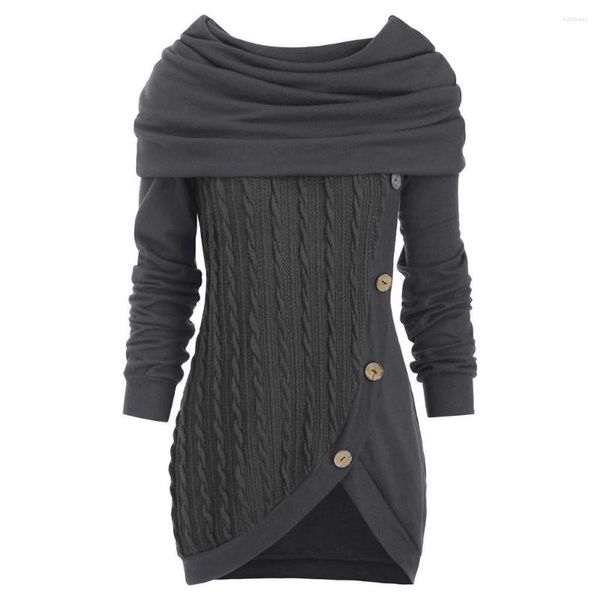 Chandails pour femmes à manches longues à capuche et col bénitier boutonné ourlet asymétrique pull tunique haut couleur unie torsadé tricot pull chemise