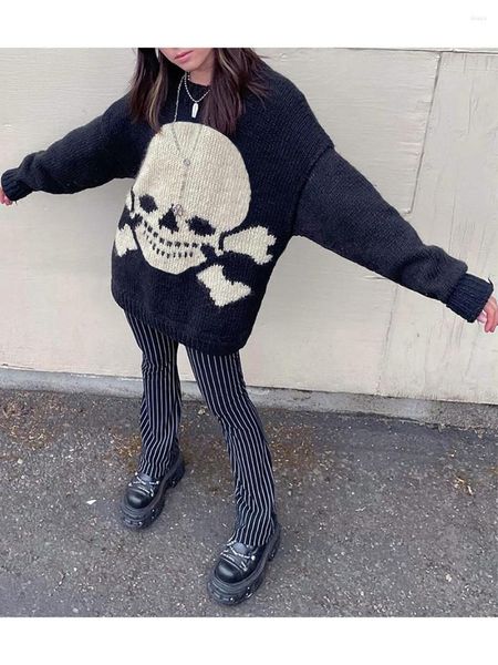 Pulls pour femmes Femmes Pull à manches longues Basic Bottoming Vintage Casual Skull Motif Pull Col rond Tricots Tops Y2K Gothic Grunge