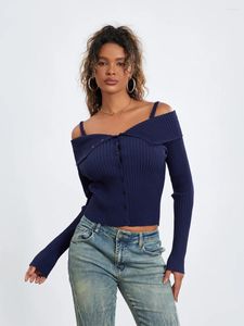 Damestruien Dames off-shoulder trui Cold Button Down Crop Top Y2K Knit Fall