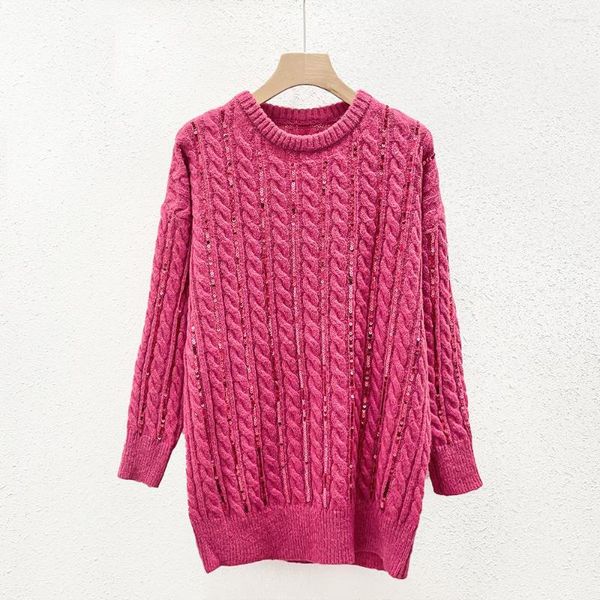 Pulls pour femmes Femmes Rose Paillettes Câble Lâche Long Pull 2023 Hiver Col Rond Chaud Sexy Top En Tricot En