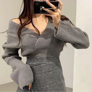 Pulls pour femmes Femmes Pull Slim Sueter Mujer Grunge Sexy Cross Col V Encolure Taille Courte Top Gris Pull Gris Y2k Bas