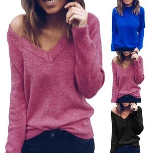 Pulls pour femmes femmes pull hiver Chic dame couleur unie col en V à manches longues décontracté tricoté Blouse lâche tricots vêtements