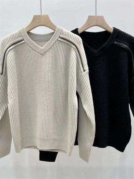 Pulls pour femmes Femmes Rib Cashmere Pull Perle Chaîne Décorative Mode Polyvalent Banlieue Dames Col V Jumper Automne Hiver 2023