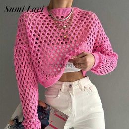 Chandails pour femmes Femmes Col Rond À Manches Longues Pull Tricots Y2k Multicolore Tricoté Crop Top Été Résille Creux Smock Crochet Pull HKD230831